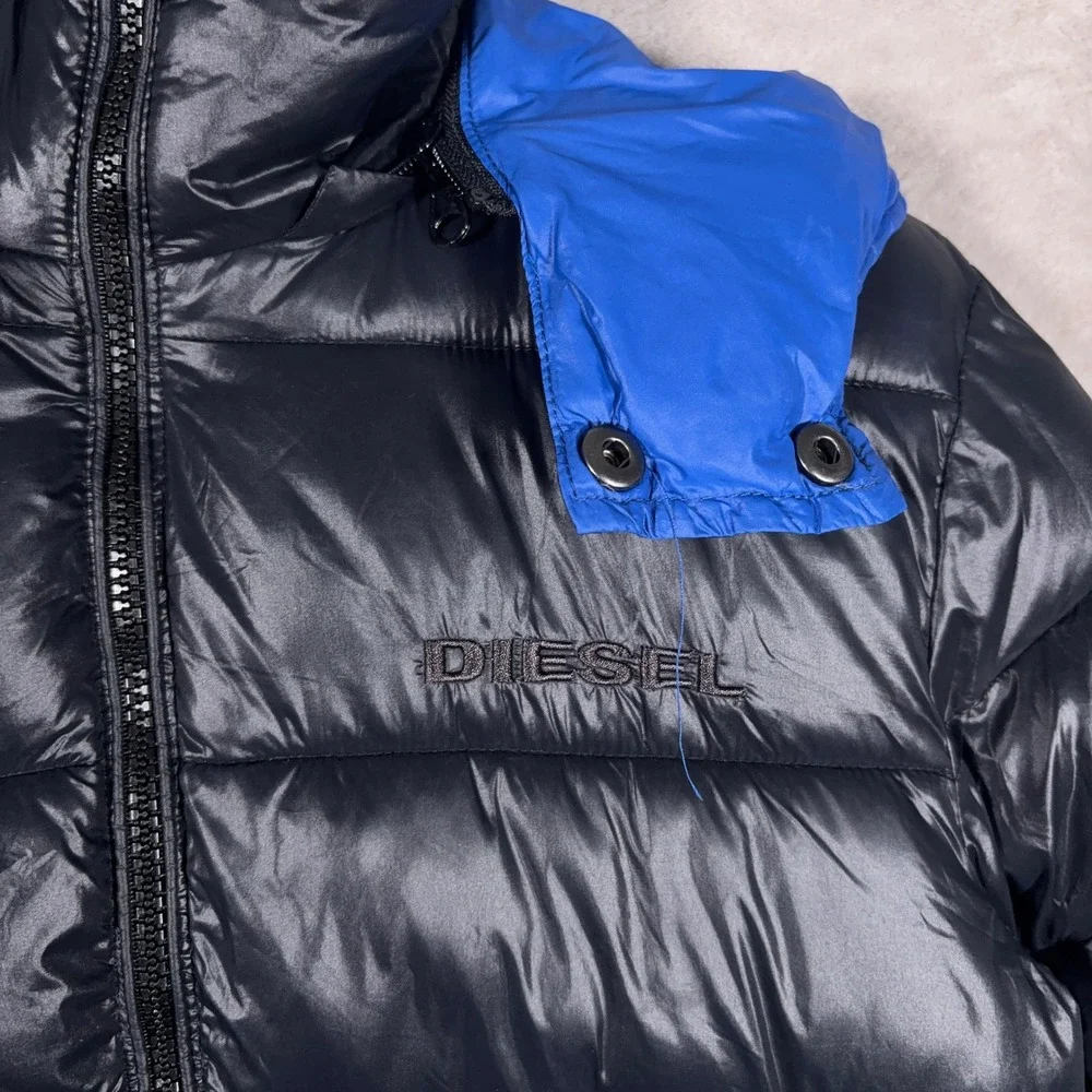 Diesel Puffer Jacket Boys Large Black Blue Hooded Quilted Winter Coat